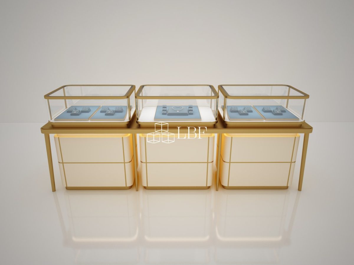 Comptoir de présentation de bijoux en verre avec base en acier inoxydable doré, vitrine combinée pour bijouterie
