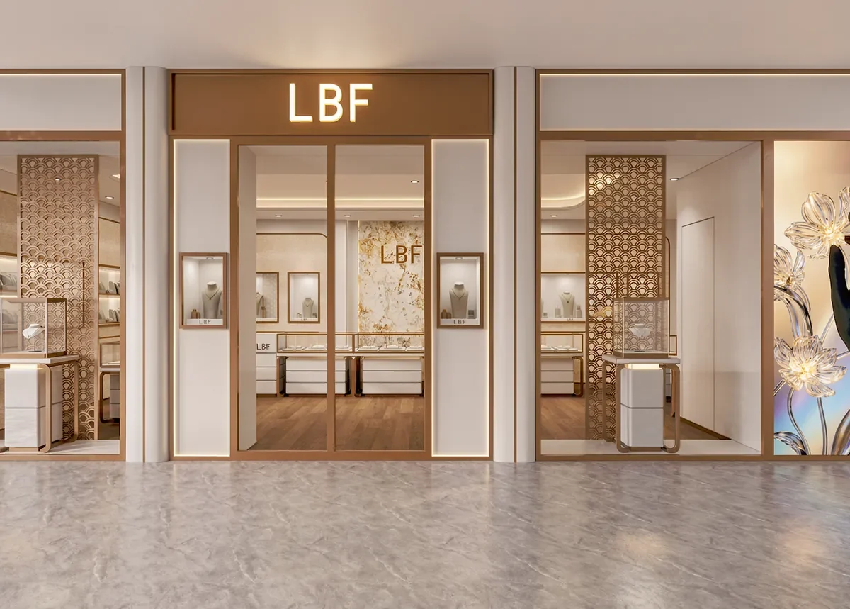 Vitrina mural de joyería con panel de logo
