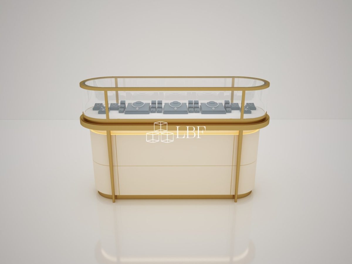 Light Luxury Curved Gold Trim Jewelry Island Display Showcase