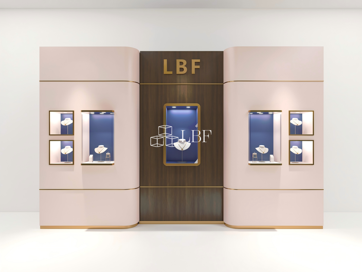 LBF Modern Curved Luxury Jewelry Display Wall Cabinet Custom LED Brand Showcase System