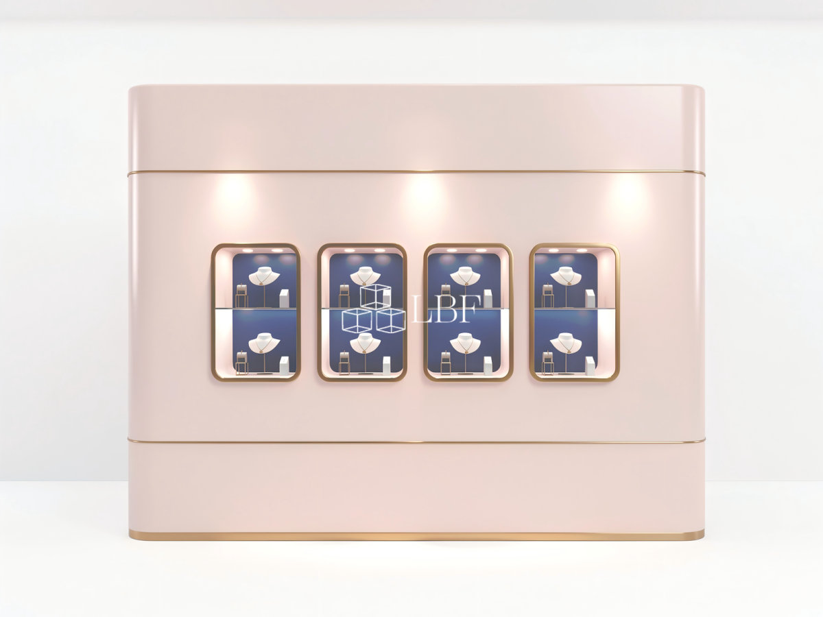 LBF Modern Light Luxury Curved Jewelry Display Wall Cabinet Custom LED Showcase System